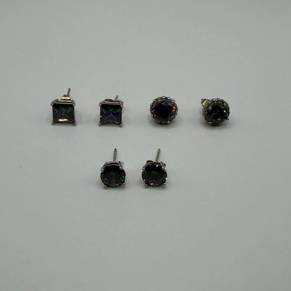Sterling Silver Mystic Topaz Stud Earrings Lot – 3 Pairs 925 Square & Round